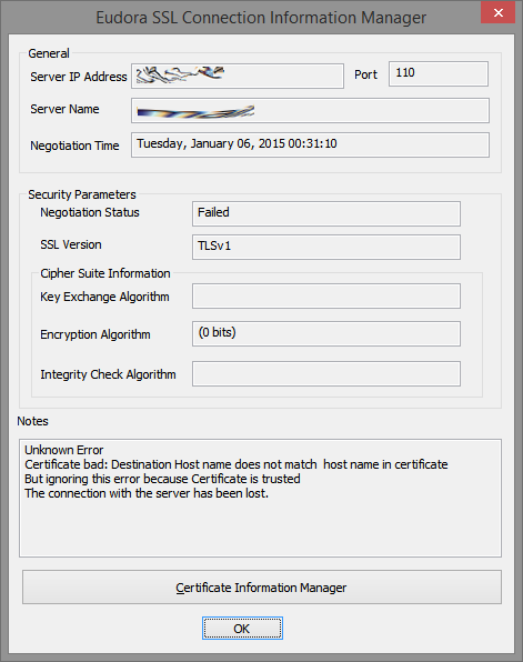 eudora avast server certificate rejected