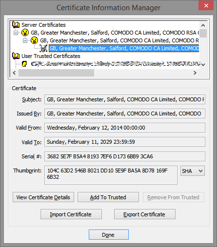 Certificate Information Managed - Expanded to show untrusted certificate