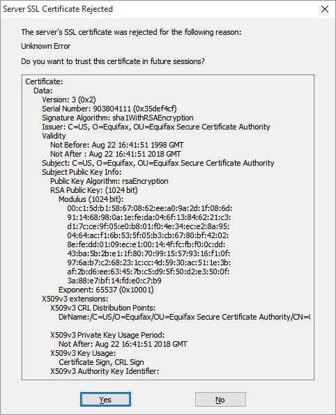 Server SSL Certificate Rejected