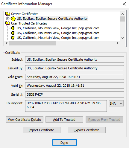 The Certificate Information Manager displays and allows you to manipulate the certificate chain.