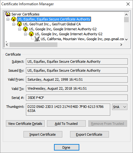 Here we see the fully expanded certificate chain. The final certificate - the one with the skull and crossbones icon - is the one that was rejected because it was untrusted.