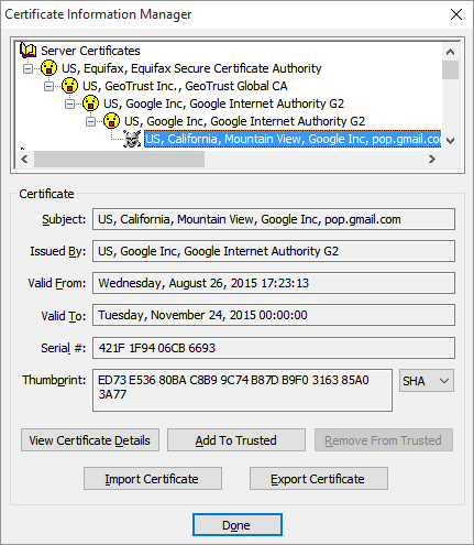 The rejected, untrusted certificate with the skull and crossbones icon is selected, indicated by appearing highlighted.