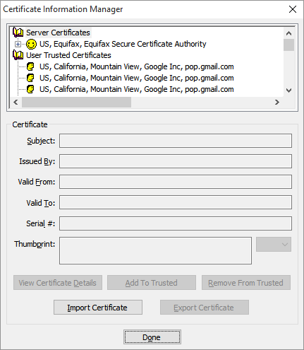 The Certificate Information Manager panel just after the Add To Trusted button is clicked.